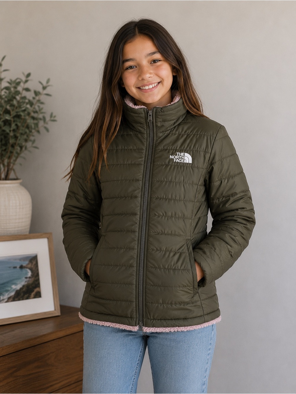 Kids The North Face Girls Olive Green Reversible Sherpa Puffer Jacket